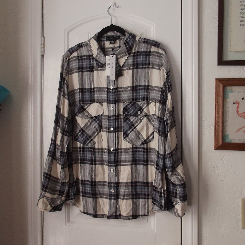 NWT Sanctuary Boyfriend Shirt Blue Plaid with Pink Detail Size XL